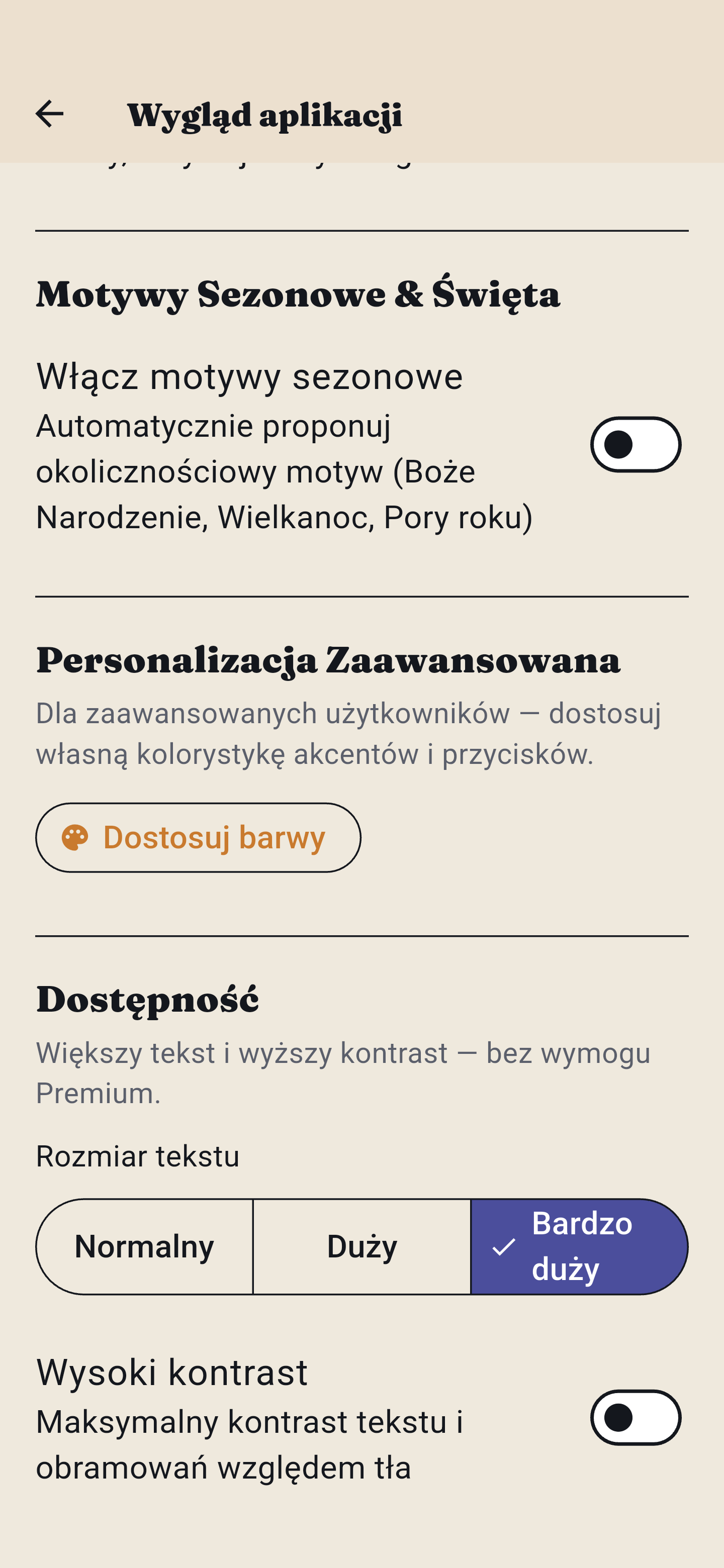 Ustawienia dostępności - większy tekst