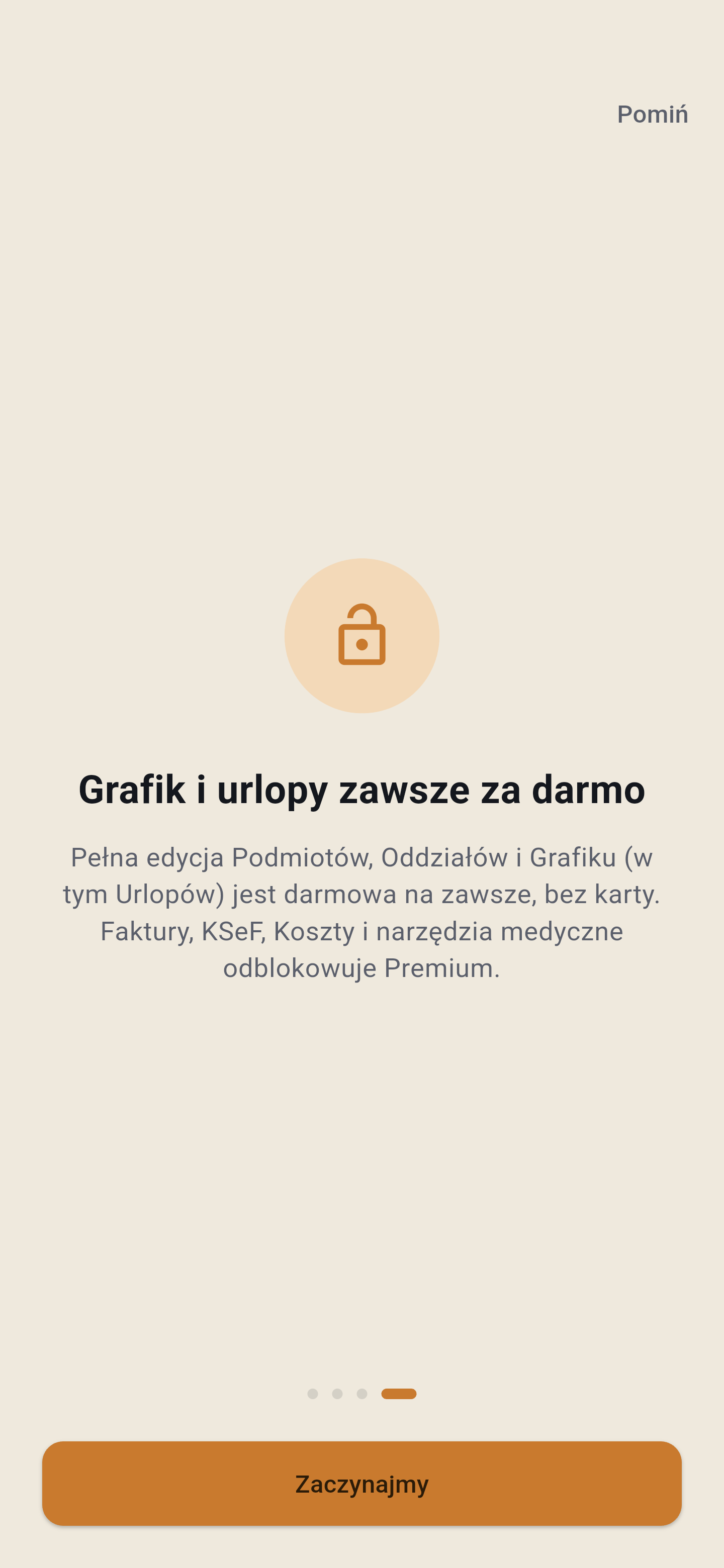 Ostatni ekran onboardingu - grafik i urlopy zawsze za darmo